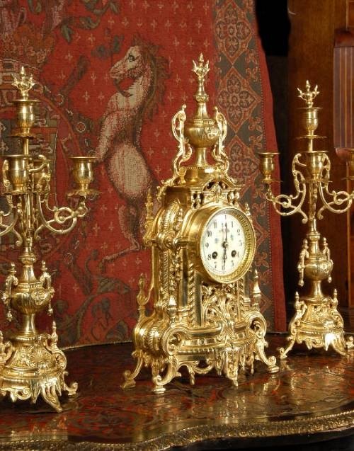 fig 2. **** SOLD **** Small Antique French Gilt Brass Clock Set